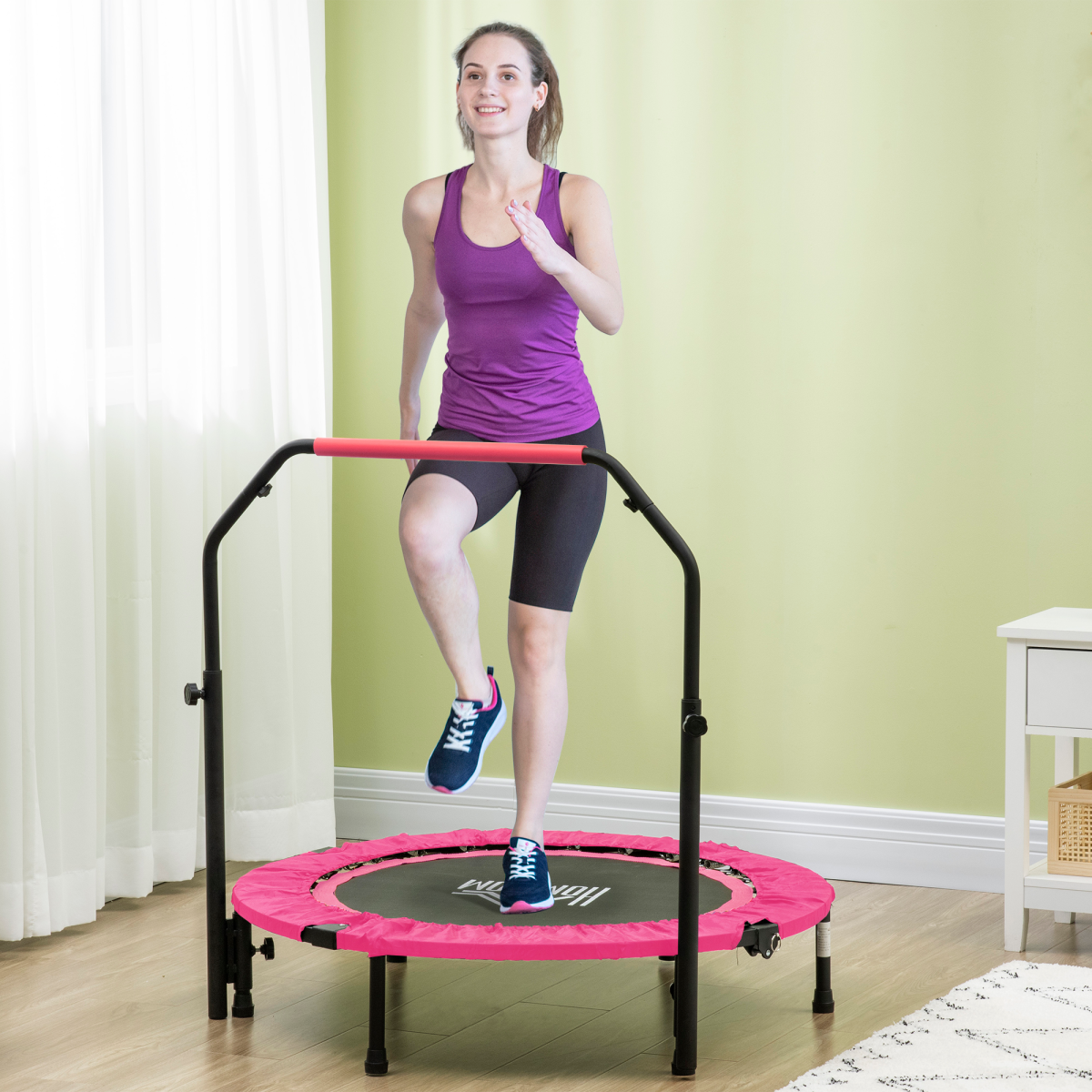 HOMCOM 40" Foldable Mini Fitness Trampoline with Foam Handle – 4-Level Adjustable Rebounder, Pink