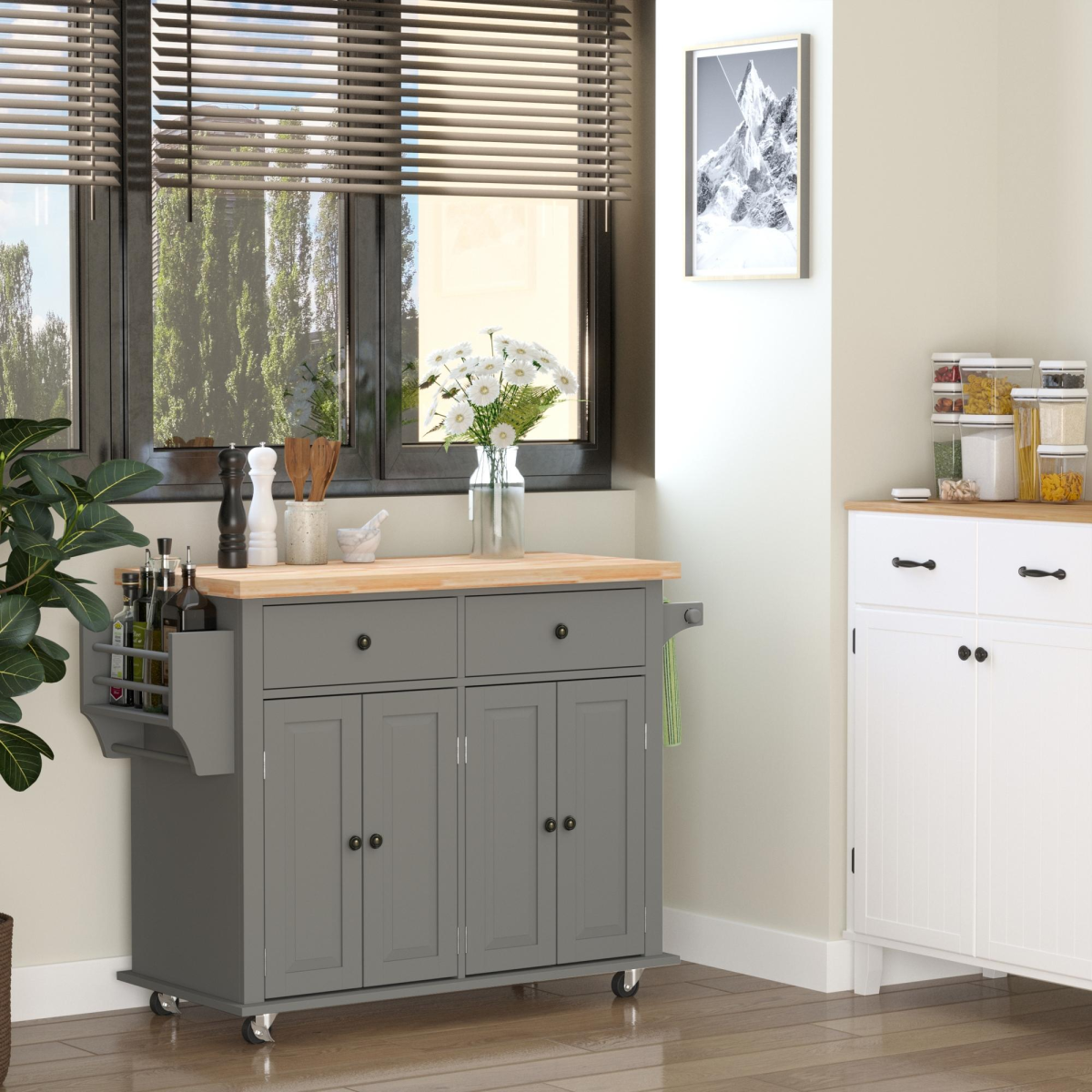 HOMCOM Rolling Kitchen Island Cart with Rubberwood Top, Spice Rack & Towel Rack – Mobile Kitchen Trolley