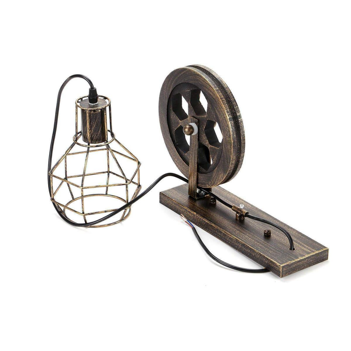 LEDSone Retro Pulley Wheel Cage Wall Light with E27 Holder & Adjustable Hanging Cable – Brushed Copper