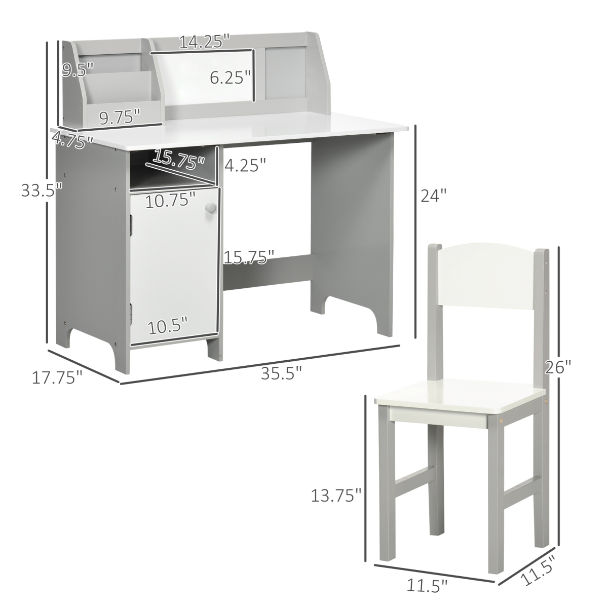 Kids Desk & Chair Set with Whiteboard, Bookshelf & Storage Cabinet – Study Furniture, White & Grey