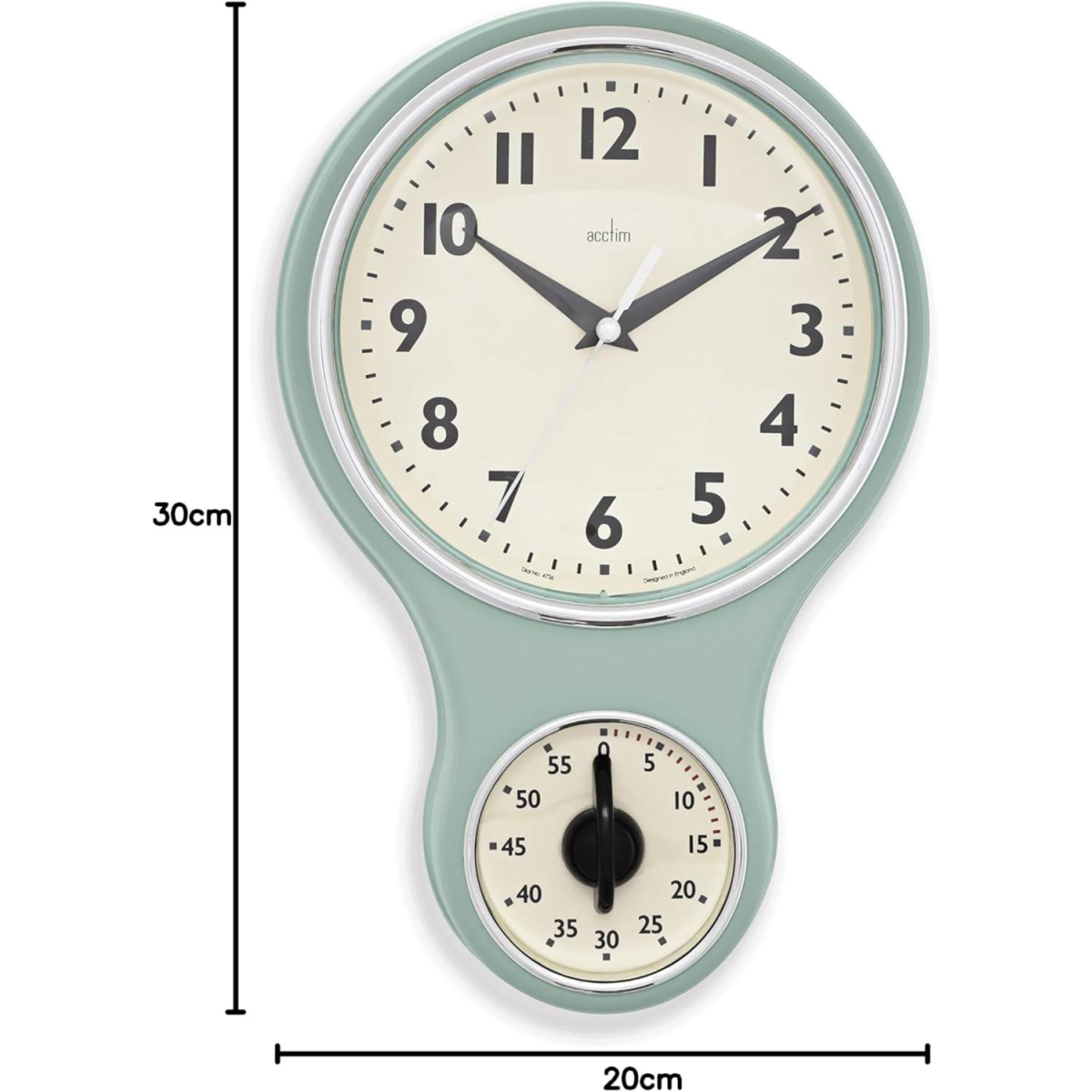 Acctim Kitchen Time 20cm Timer Quartz Retro Style Domed Glass Lens Sage Wall Clock