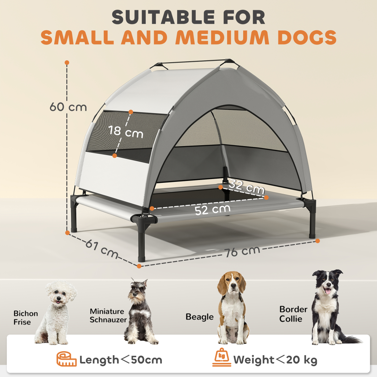 Elevated Dog Bed with Removable Three-Sided Canopy & Storage Bag – Breathable Pet House for Small to Medium Dogs