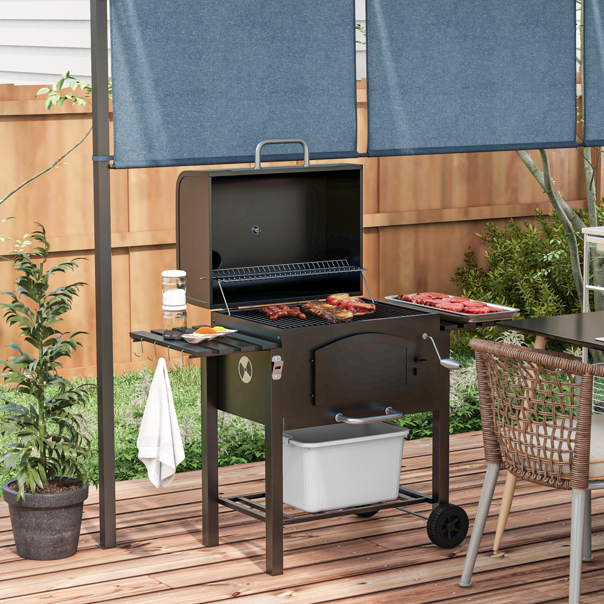 Outsunny 3-in-1 Charcoal BBQ Grill Trolley with Adjustable Charcoal Height & Thermometer – BBQ, Smoker, Stove