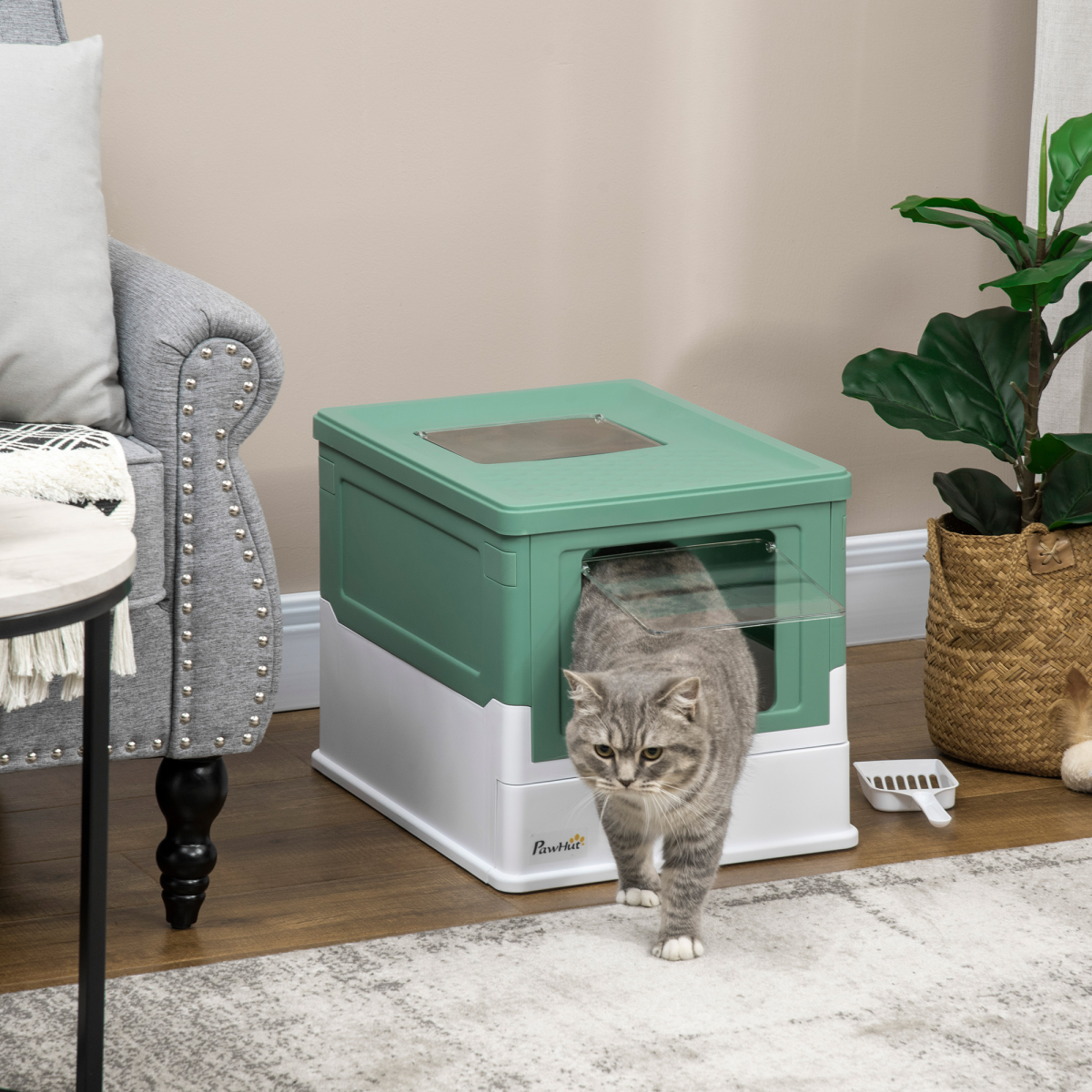 PawHut Hooded Cat Litter Box with Scoop & Removable Tray – Portable Enclosed Pet Toilet, Green