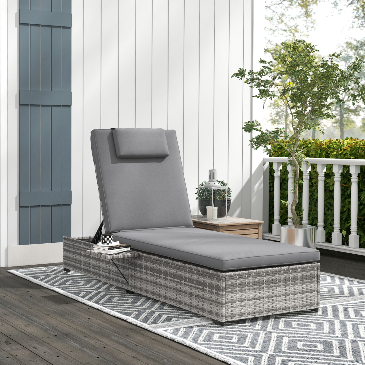 Outsunny Rattan Sun Lounger with Cushion and 5-Level Reclining Back – Steel Frame Garden Lounger, Grey