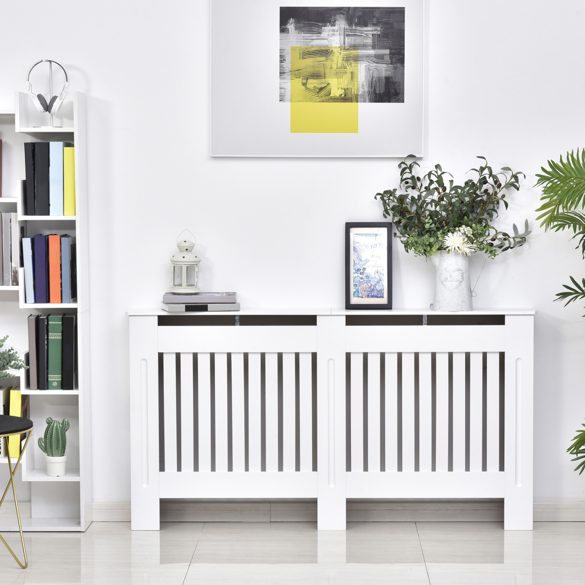 HOMCOM White Slatted MDF Radiator Cover with Lined Grill – Heat-Friendly Shelf, 152 x 19 x 81cm