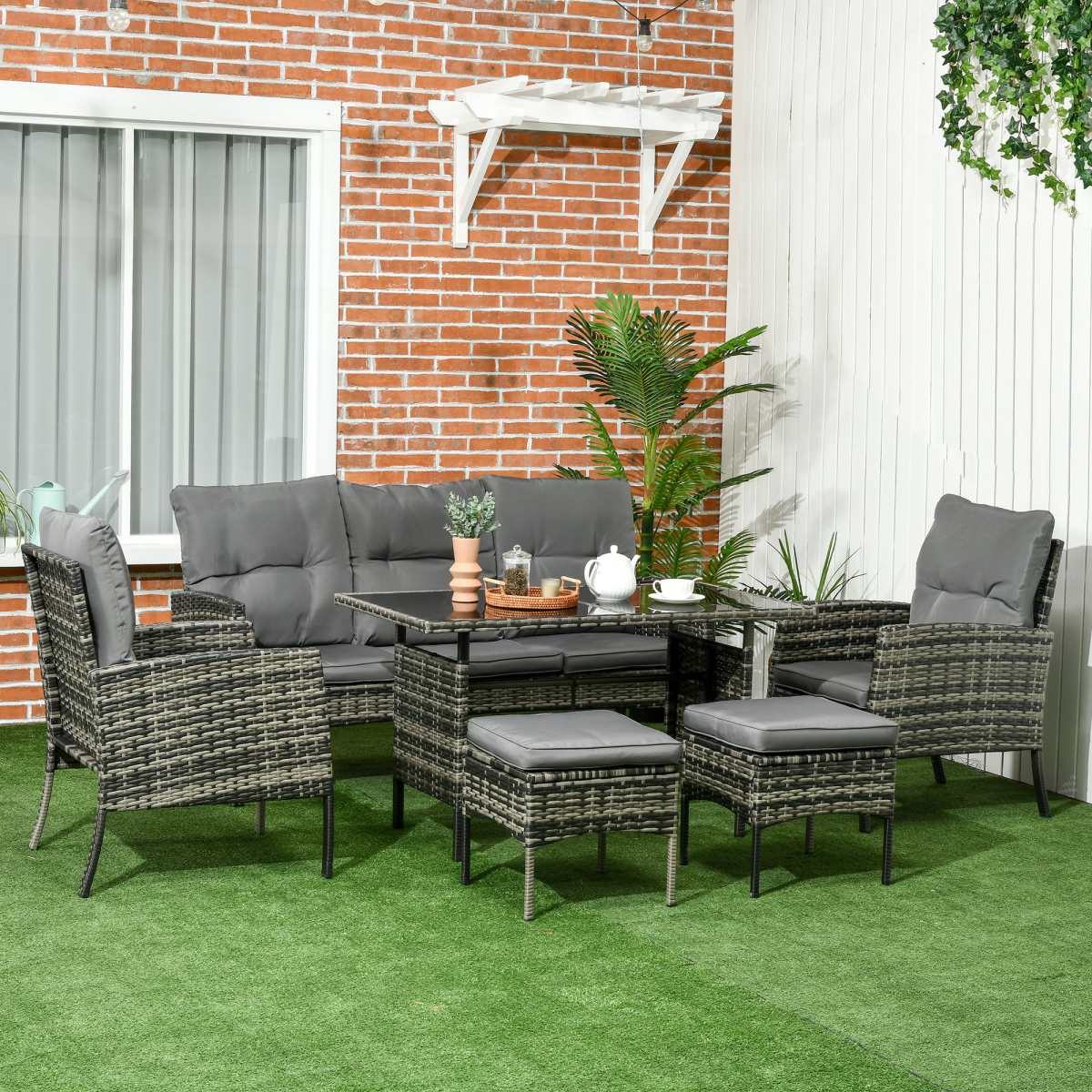 Outsunny Six Piece Rattan Garden Furniture Set with Sofa, 2 Armchairs, 2 Footstools & Glass Table – Grey