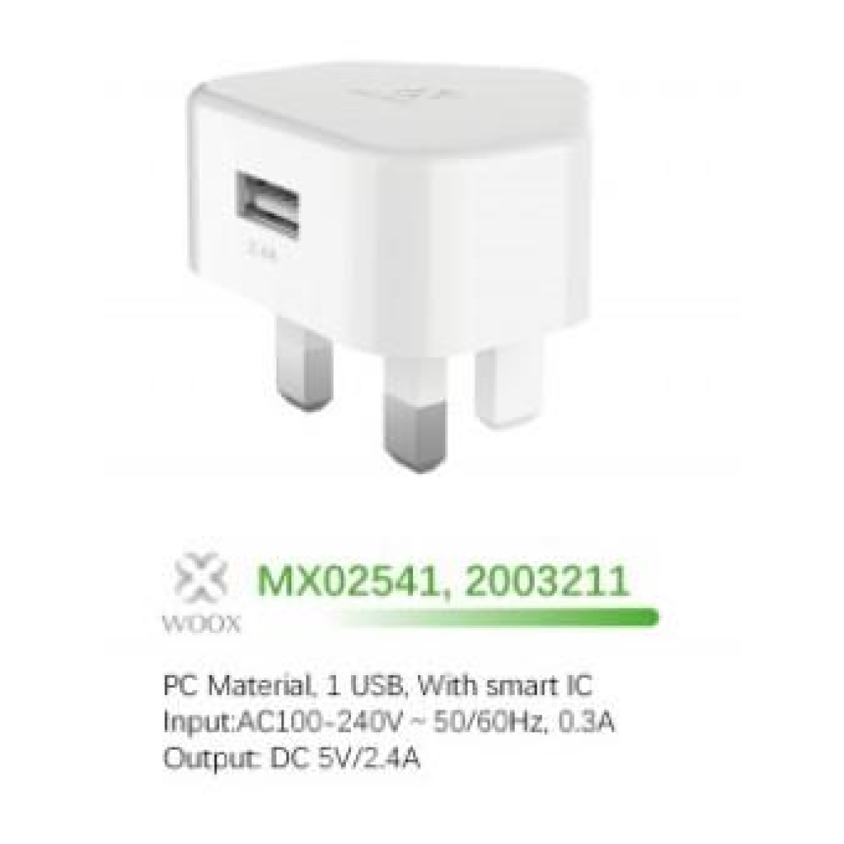 WOOX MX0254 2.4A Single USB Wall Charger – Compact Plug Adapter, Cable Not Included, White