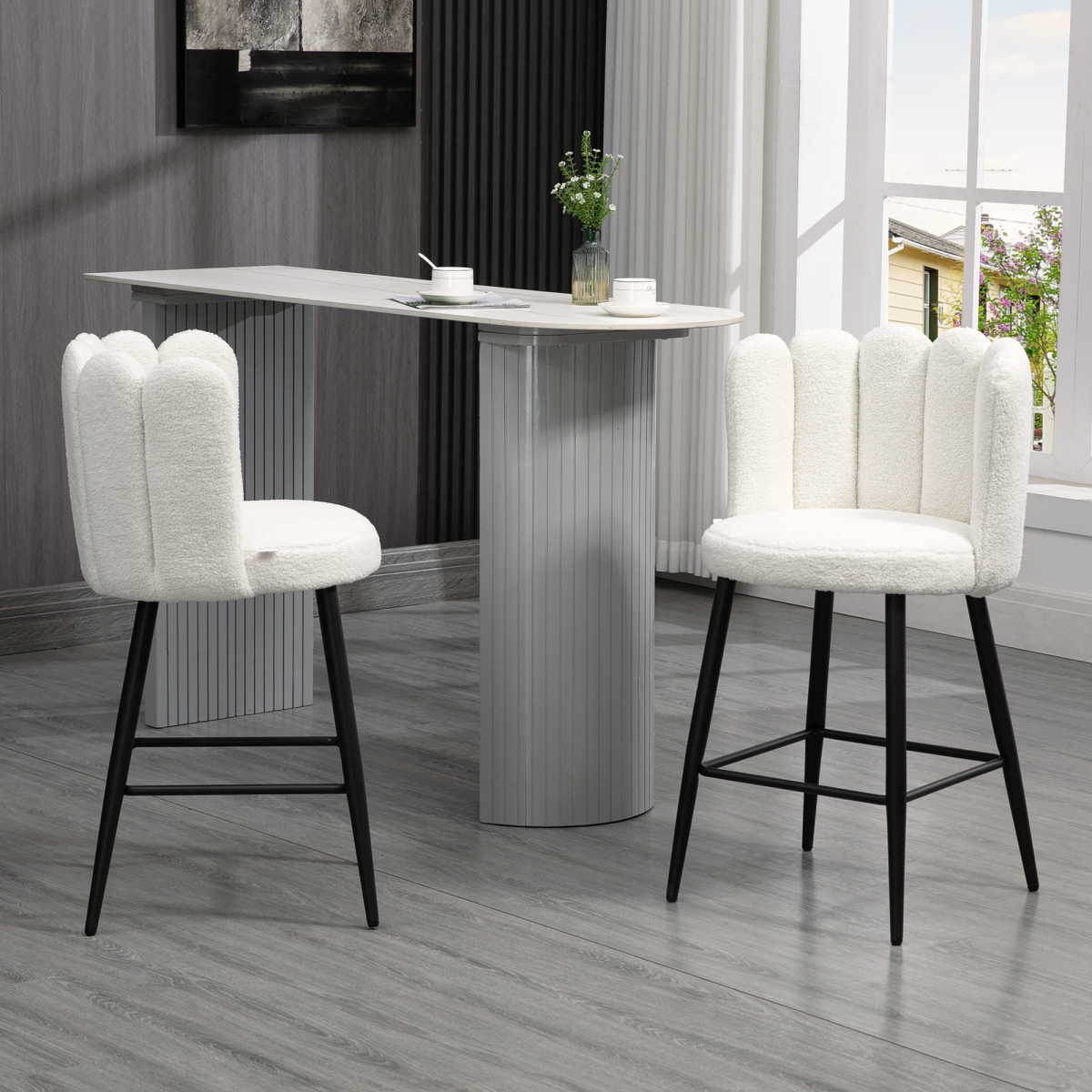 HOMCOM Faux Cashmere Breakfast Bar Stools with Backs & Footrests – Set of 2, Cream