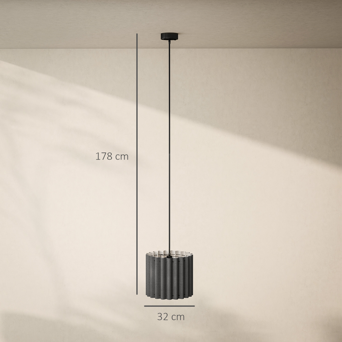 Modern Wave Pendant Light with Linen-Feel Fabric Shade, E27 – Black Ceiling Light Fixture, 178cm Drop