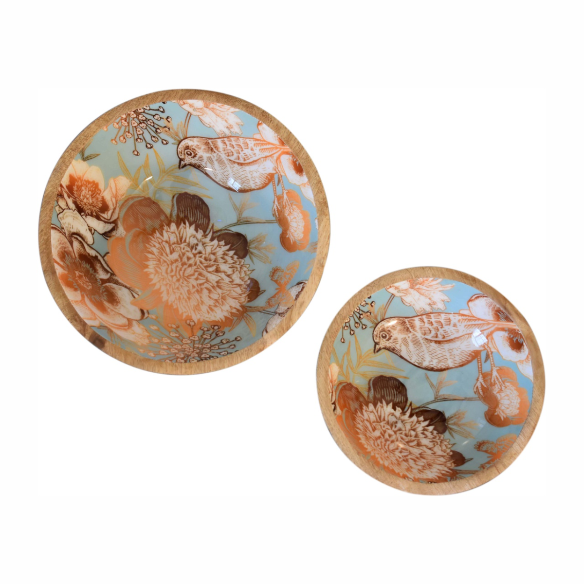 Artisan Furniture Solid Mango Wood Floral Bird Bowl Set of 2 – Handcrafted Decorative Bowls, Beige
