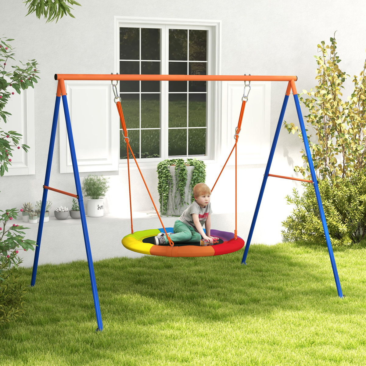 Outsunny Kids Swing Nest Seat with A-Frame Metal Structure – Outdoor Garden Swing for Two, Multicoloured