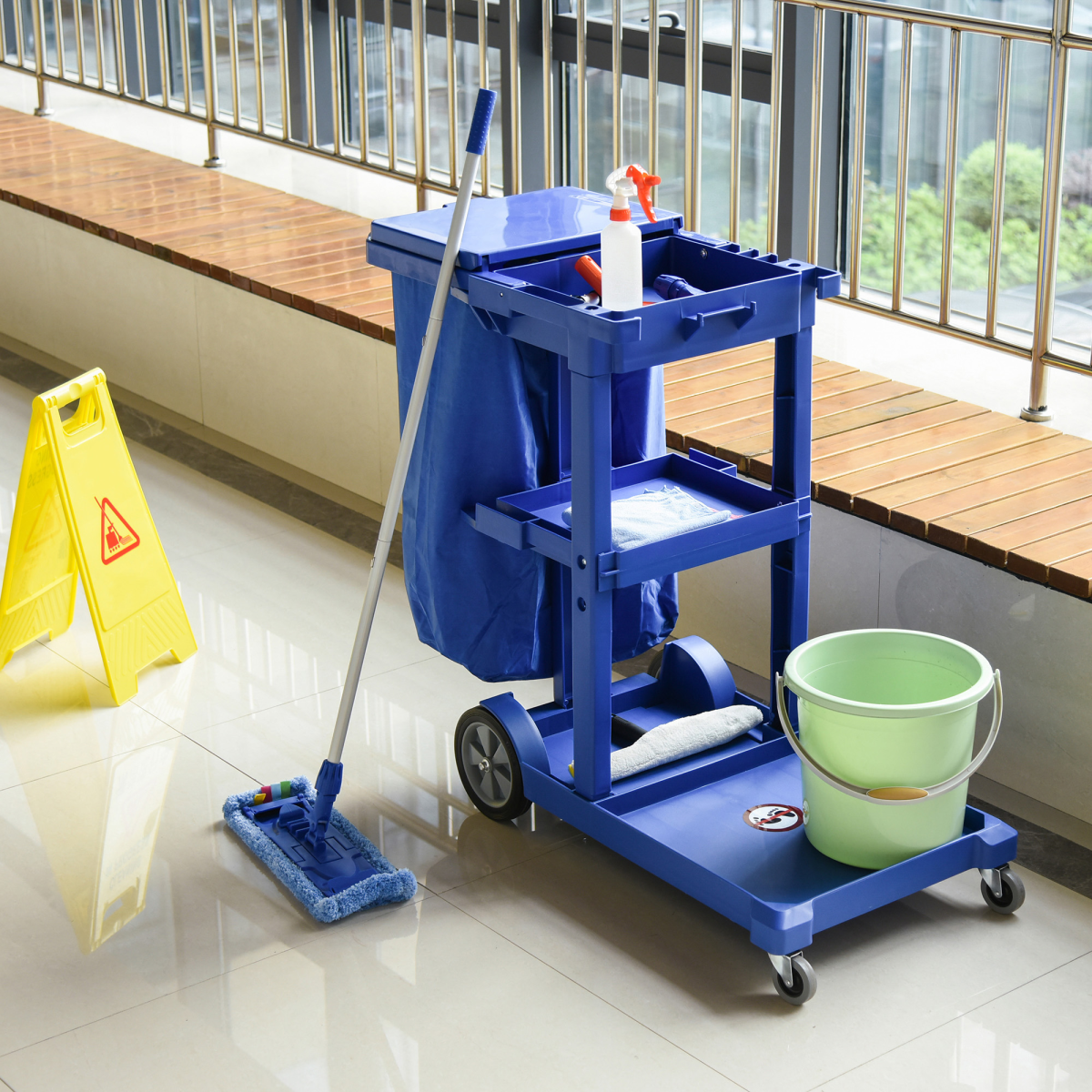 HOMCOM Housekeeping Cleaning Trolley with 3 Shelves, Lidded Bin Bag & Side Hooks – Blue