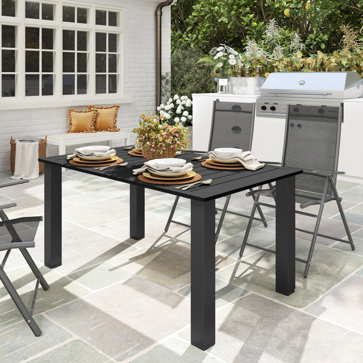 Outsunny Garden Dining Table for 6 with Parasol Hole, Slatted Steel Top, 150 x 90 cm – Outdoor Table, Black