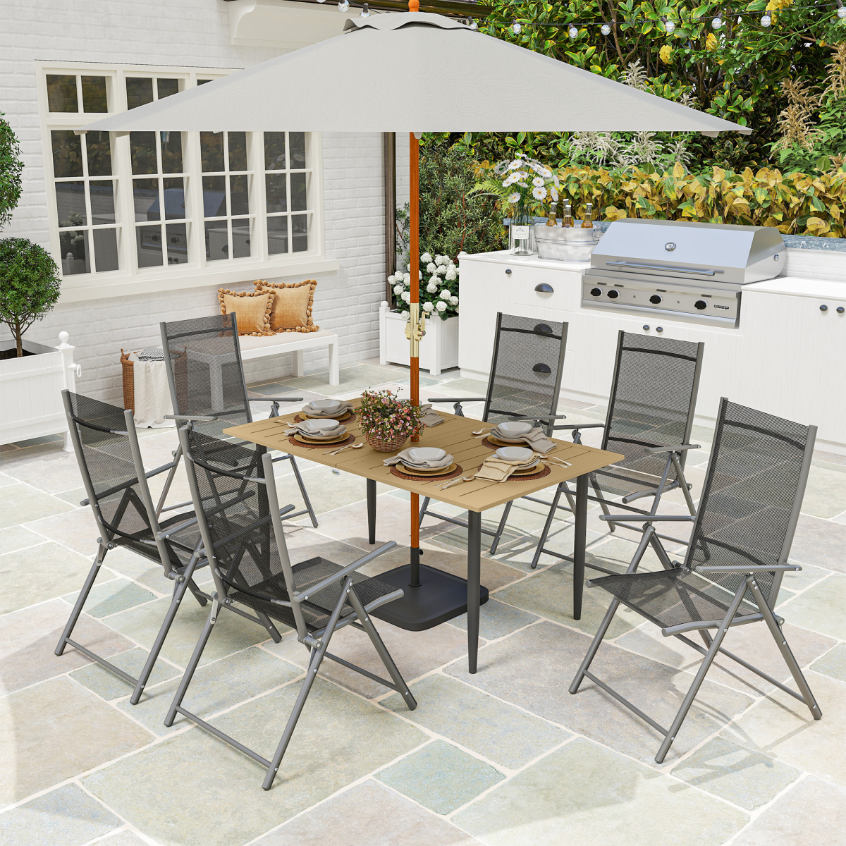 Outsunny Garden Dining Table for 6 with Parasol Hole, Slatted Steel Top, 150 x 90 cm – Outdoor Table, Brown
