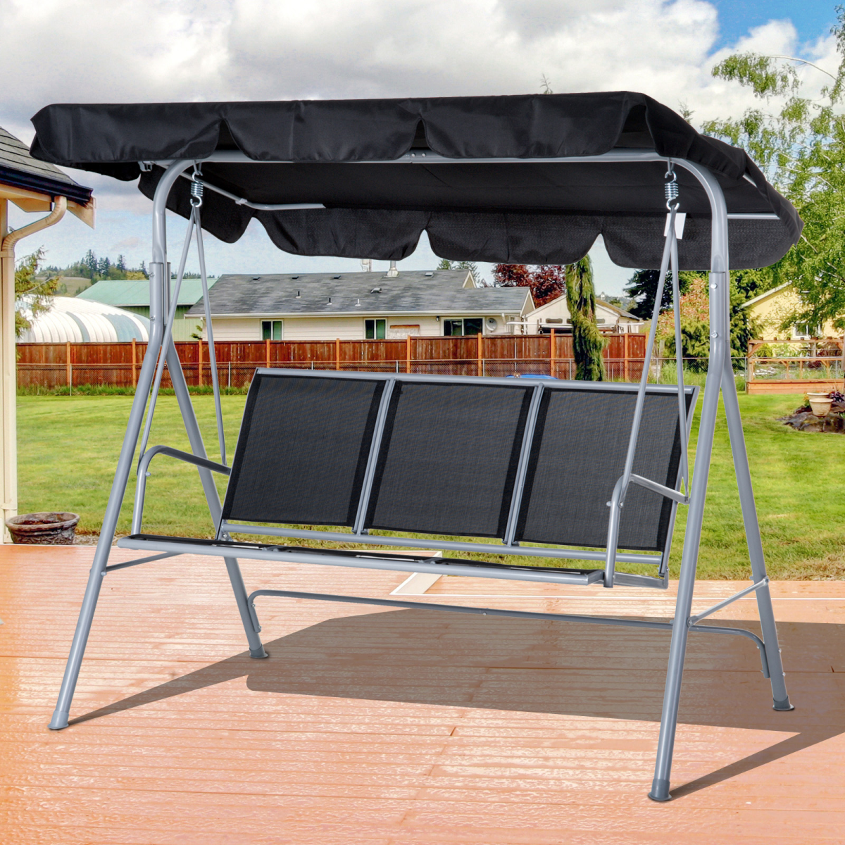 Outsunny 3-Seater Outdoor Swing Chair with UV-Protected Canopy, Metal Frame – Garden Patio, Black