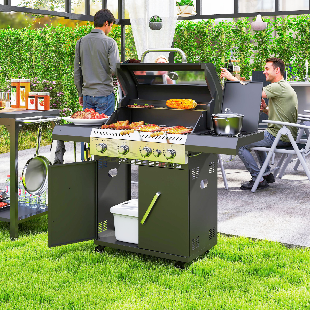 Outsunny 4+1 Burner Gas BBQ Grill with Clear View Lid, Thermometer and Storage Cabinet – Propane Barbecue on Wheels, Black