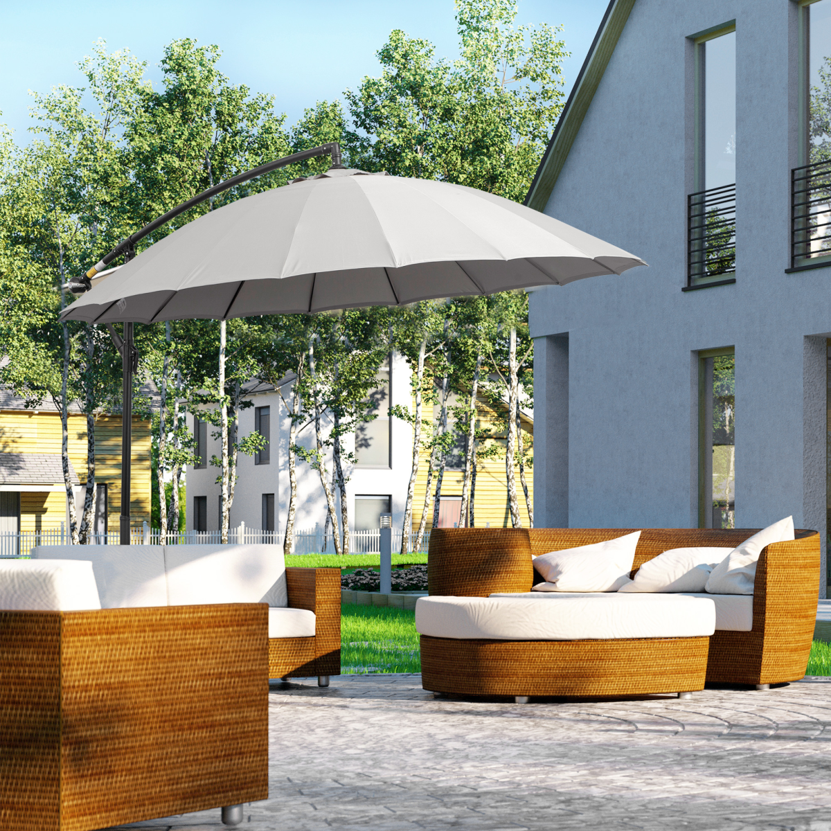 Outsunny 3m Cantilever Parasol with Hand Crank, Top Air Vent & Cross Base – Offset Patio Shade, Grey