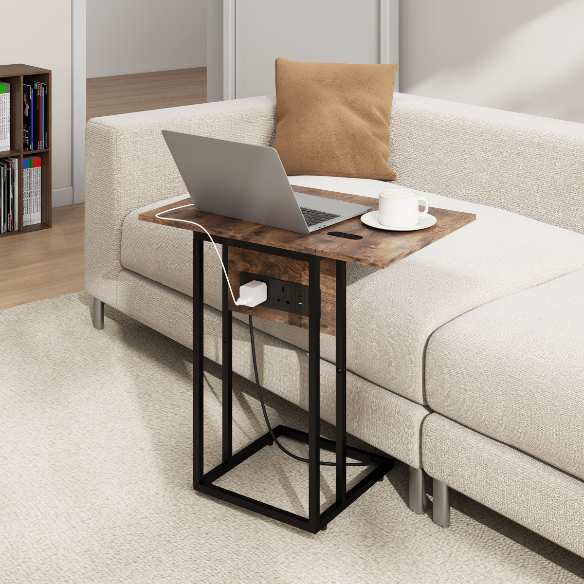 HOMCOM C Shaped Side Table with Charging Station and Foldable Top – Space-Saving, Rustic Brown and Black