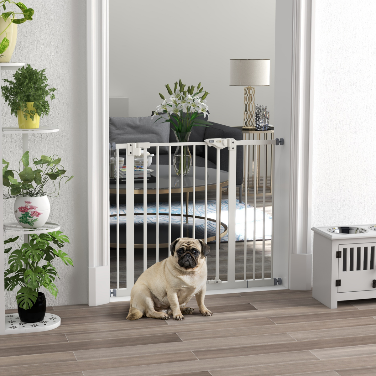 PawHut Adjustable Safety Gate with 1 Extension and 4 Screws – Pet Gate for Doors and Stairs, White