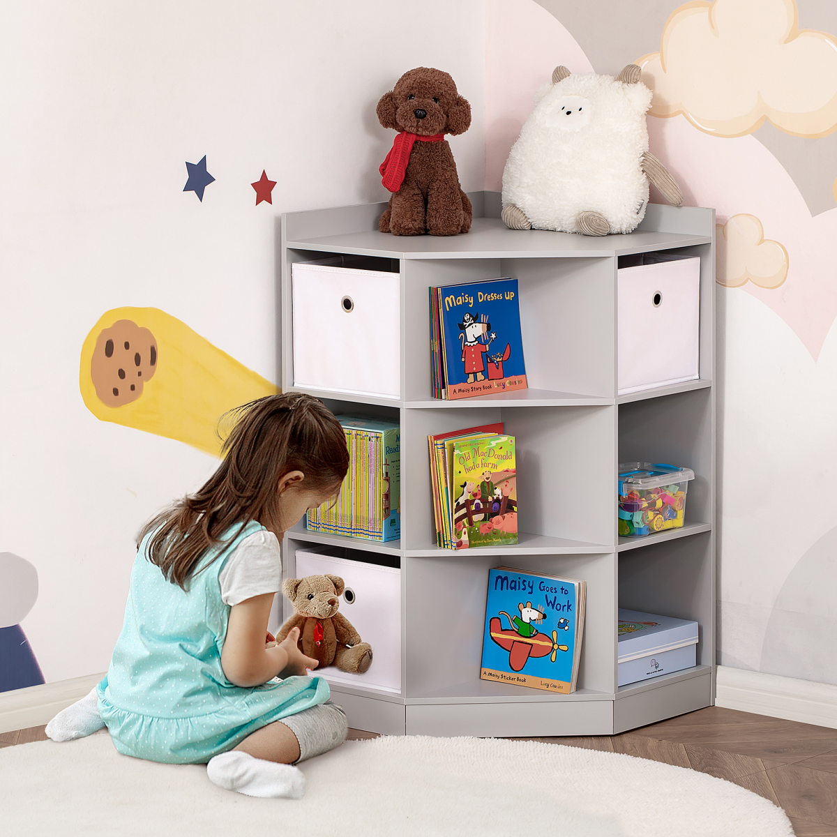 HOMCOM Kids Corner Storage Cabinet with 9 Compartments, Drawers & Anti-Tipping Hardware – Bedroom & Playroom