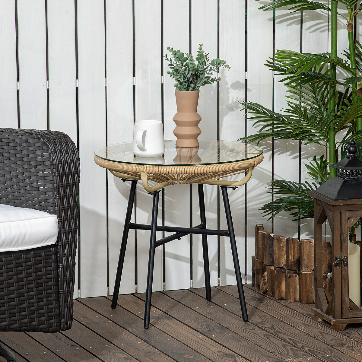 Outsunny Round PE Rattan Side Table with 5mm Tempered Glass Top & Powder-Coated Metal Frame