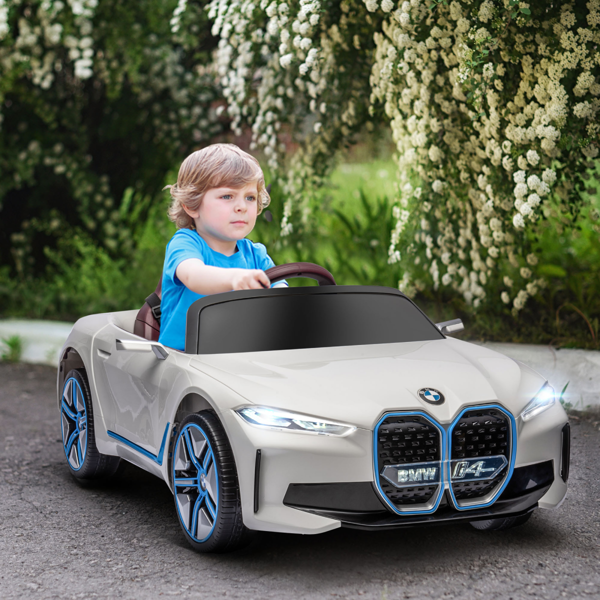 HOMCOM BMW i4 Licensed 12V Kids Electric Ride-On Car with Portable Battery & Remote Control – White