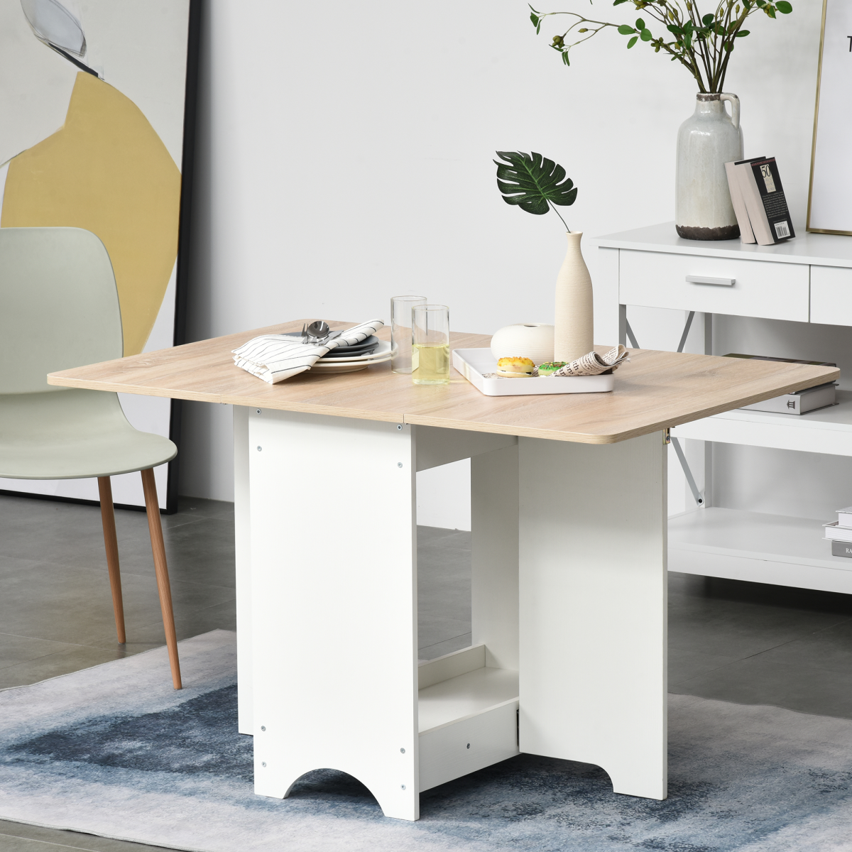 Drop Leaf Dining Table & Folding Desk with Storage Shelf – Space-Saving Table for Small Homes