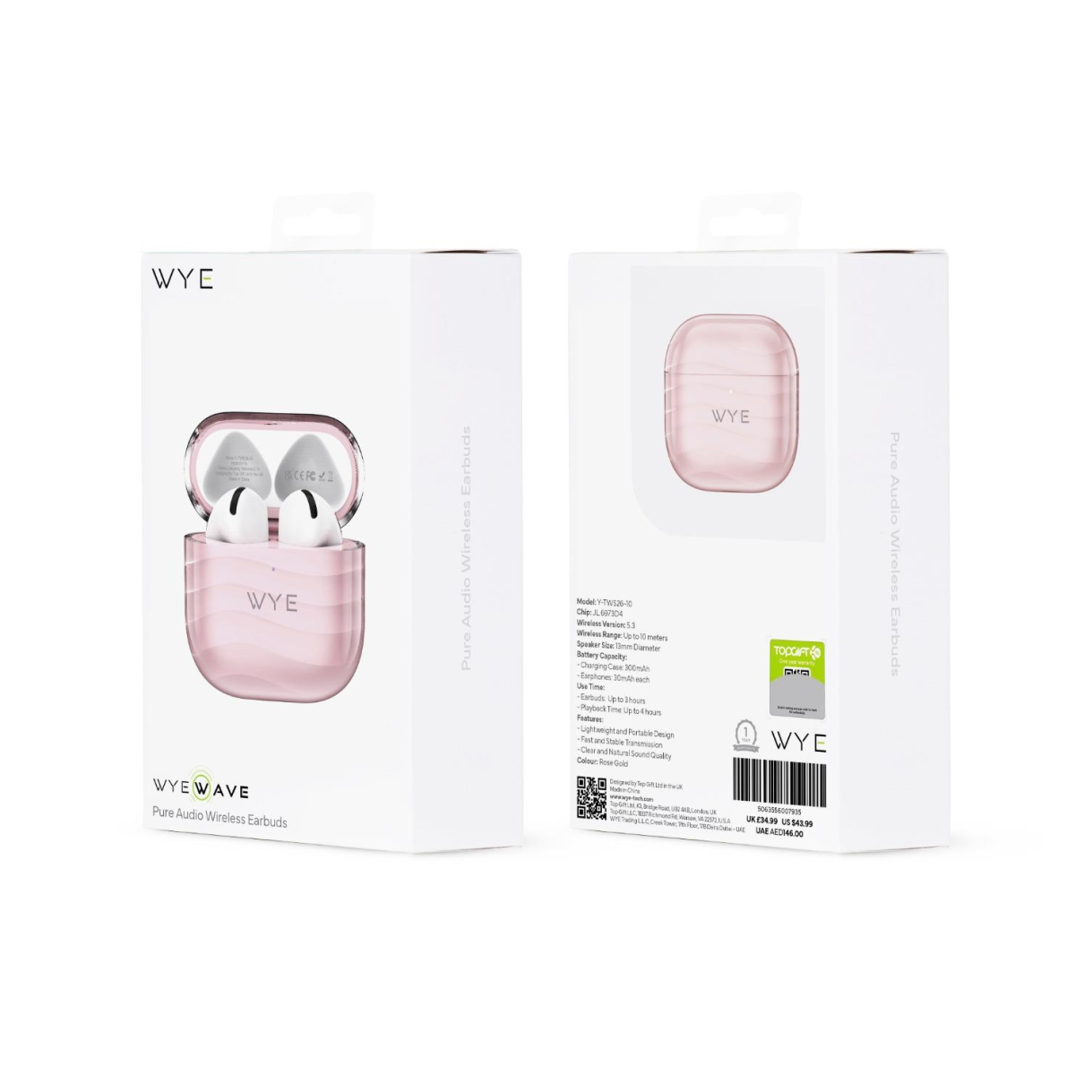 WYEWAVE Pure Audio Wireless Earbuds with Bluetooth 5.3 & Portable Charging Case, Rose Gold