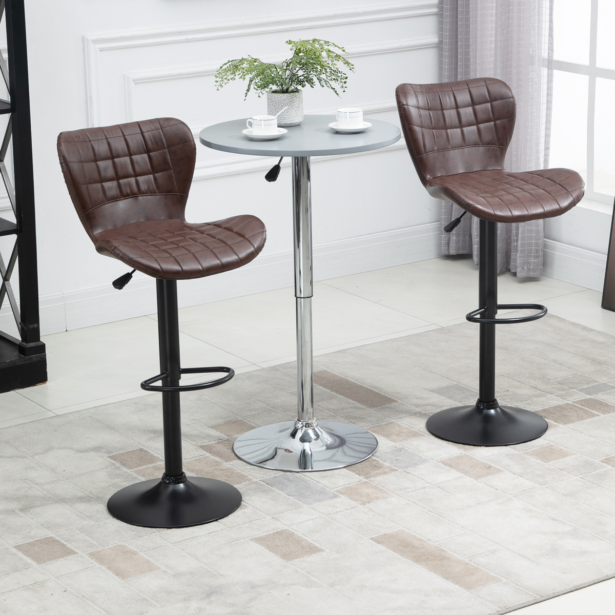 HOMCOM Adjustable Swivel PU Leather Bar Chairs with Backrest & Footrest – Set of 2, Brown