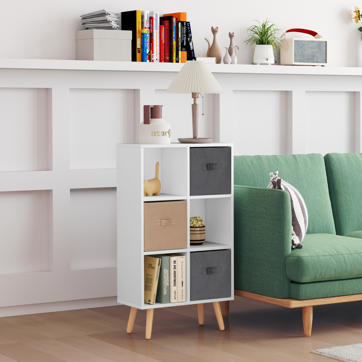 HOMCOM Freestanding 6 Cube Storage Bookcase with 3 Fabric Drawers – Bedroom, Dining Room, Office, White