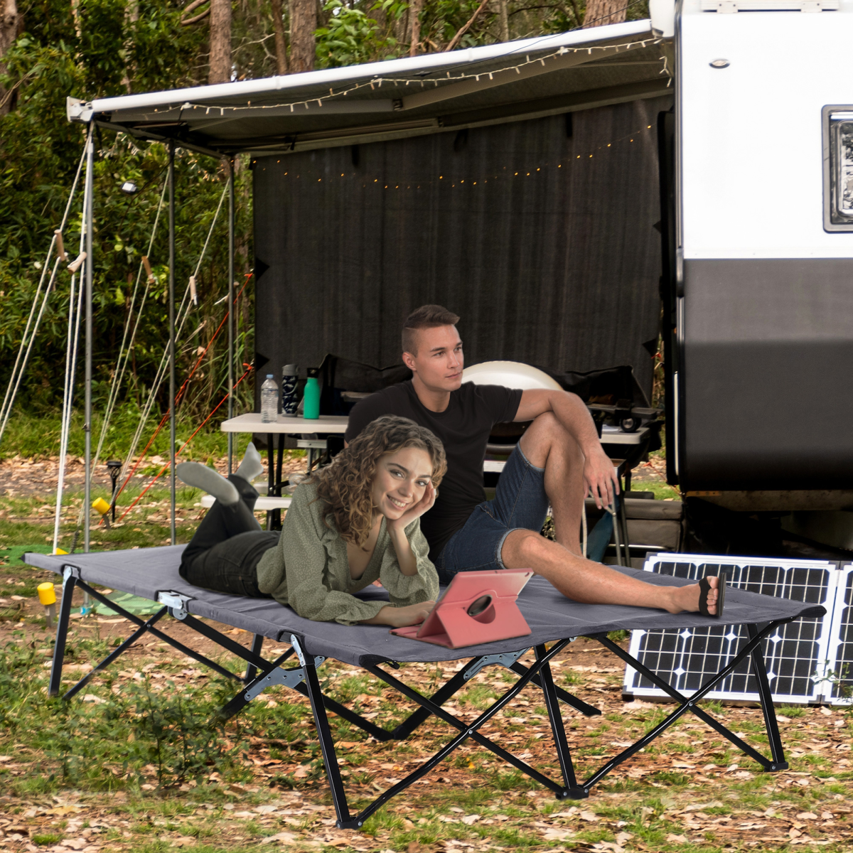 Outsunny Double Folding Camping Cot with Steel Frame & Carry Bag – Portable Two-Person Camp Bed, 136kg, Grey