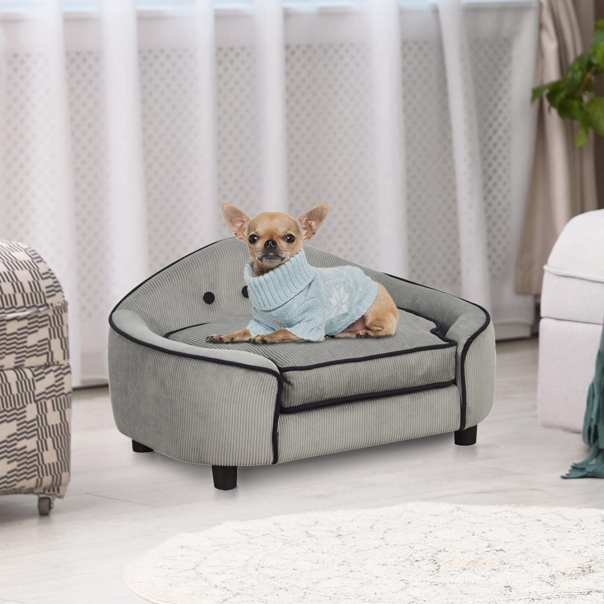 PawHut Dog Sofa Bed Pet Chair with Padded Sponge Cushion for XS and S Dogs – Wooden Frame, Grey