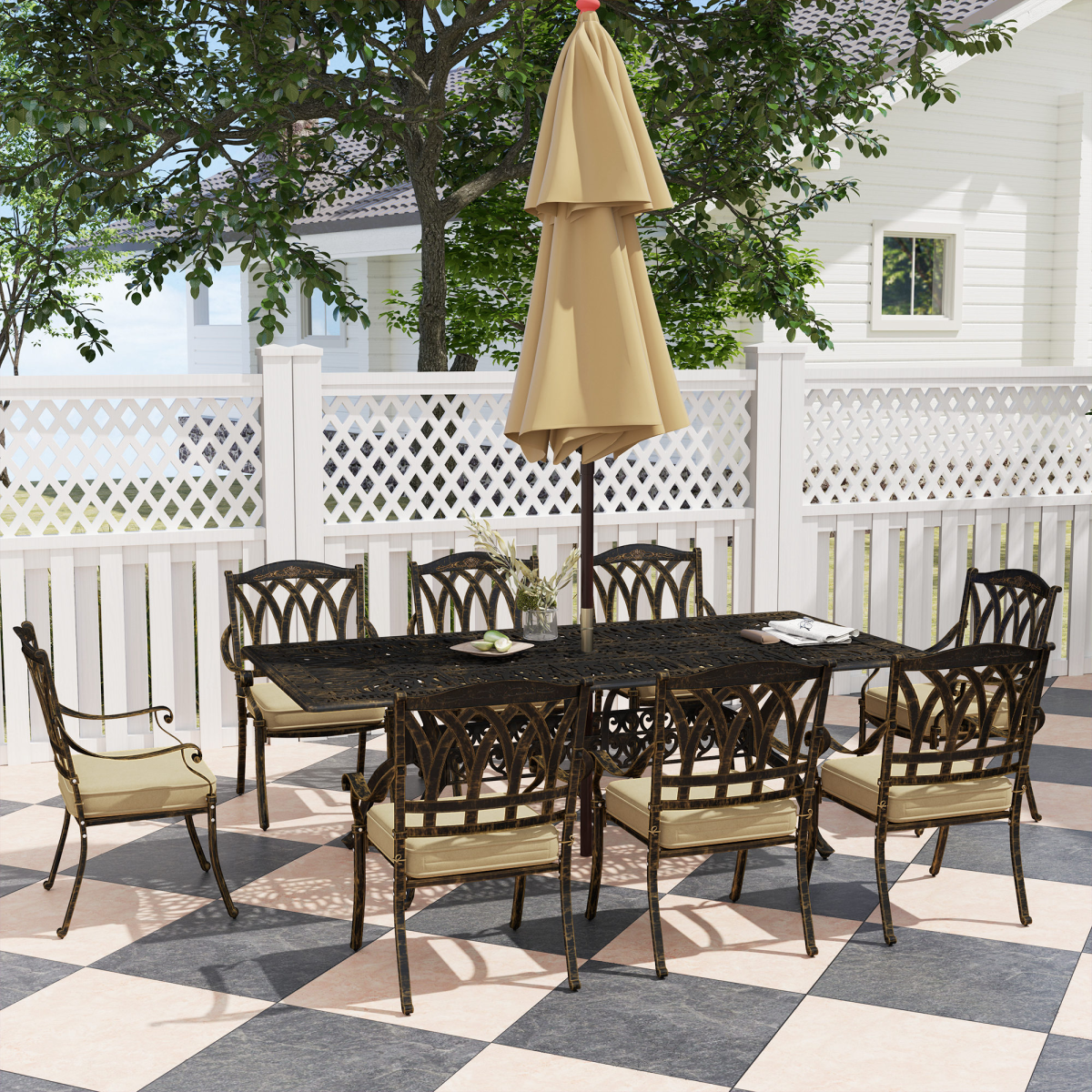Outsunny 9-Piece Cast Aluminium Garden Dining Set with 8 Armchairs, Cushions & Parasol Hole – Bronze and Khaki