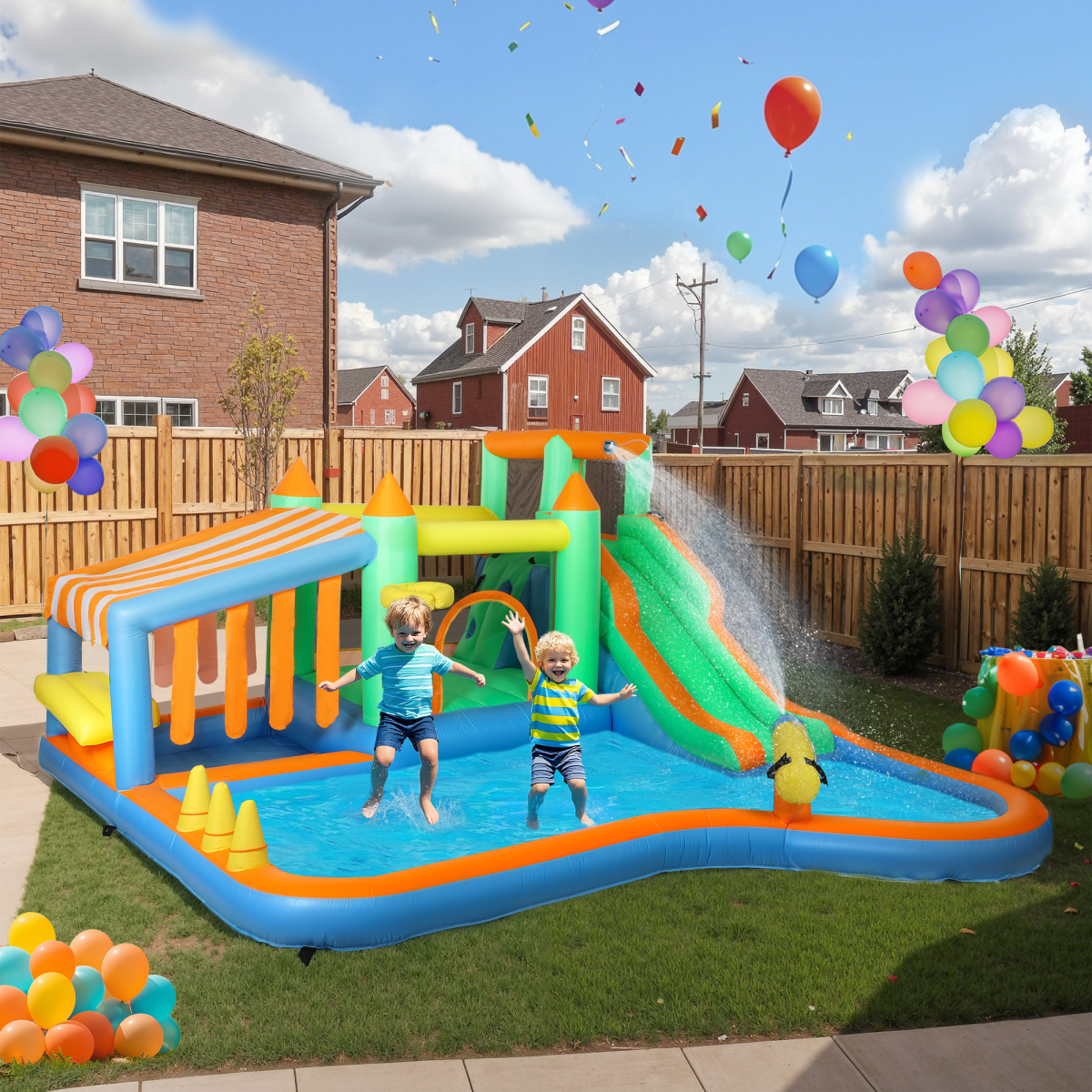 AIYAPLAY Bouncy Castle with Ball Pit, Slide, Splash Pool & 680W Blower – Garden Inflatable for Up to 4 Kids