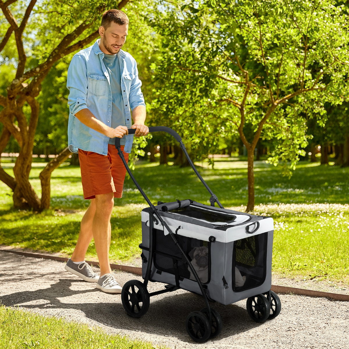 PawHut Foldable Pet Stroller with Detachable Carrier, Soft Padding & Storage Pouch for Small Dogs – Grey