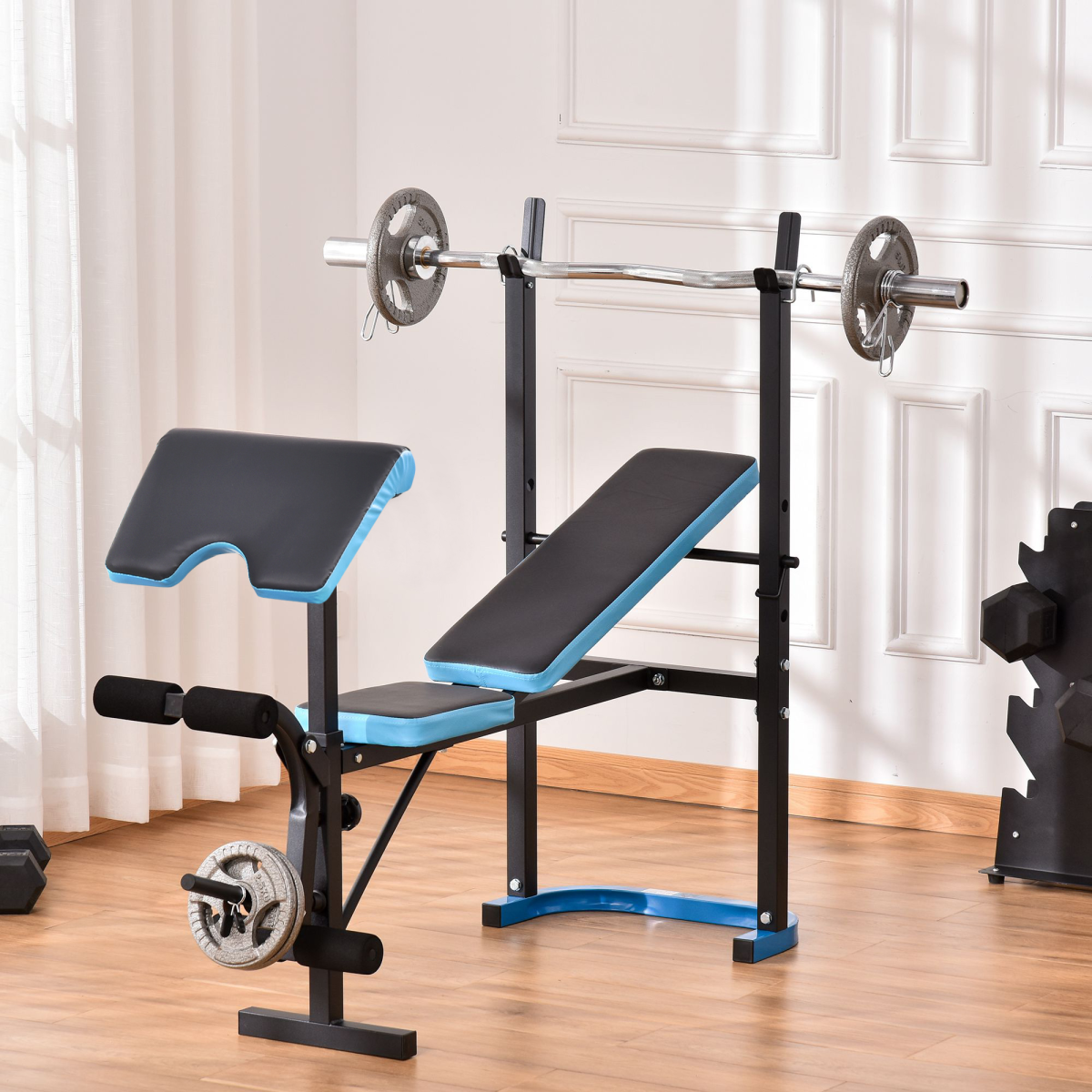HOMCOM Adjustable Weight Bench with Leg Developer & Barbell Rack – Home Gym Strength Training, 150kg Capacity