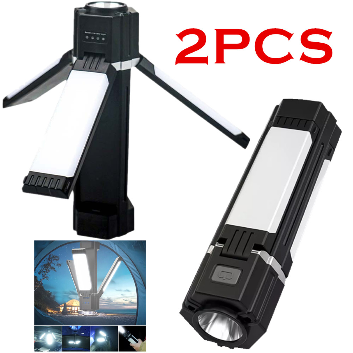 Rechargeable Foldable LED Camping Lantern, 2 Pack with Magnetic Base & Hook – Outdoor Work Light, Black