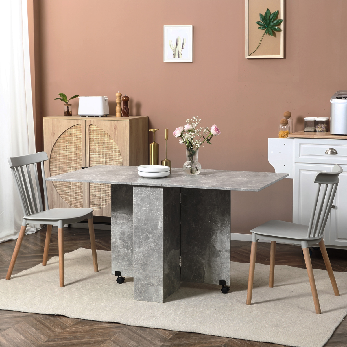HOMCOM Rolling Drop Leaf Dining Table with Open Shelves – Folding Kitchen Table on Wheels, Seats 6