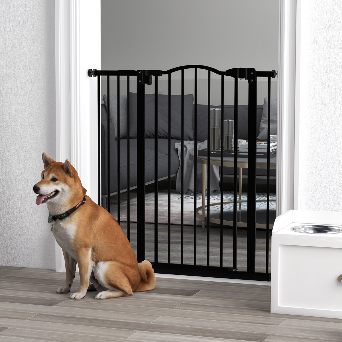 PawHut 74–94cm Adjustable Metal Pet Gate with Auto-Close Door & Double Locking – Stairs, White