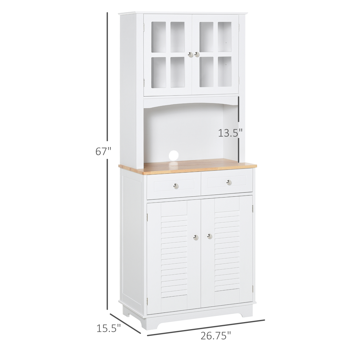 Kitchen Storage Cabinet with Glass Door, Louvred Door, 2 Drawers & Rubberwood Countertop – Coastal Style, White