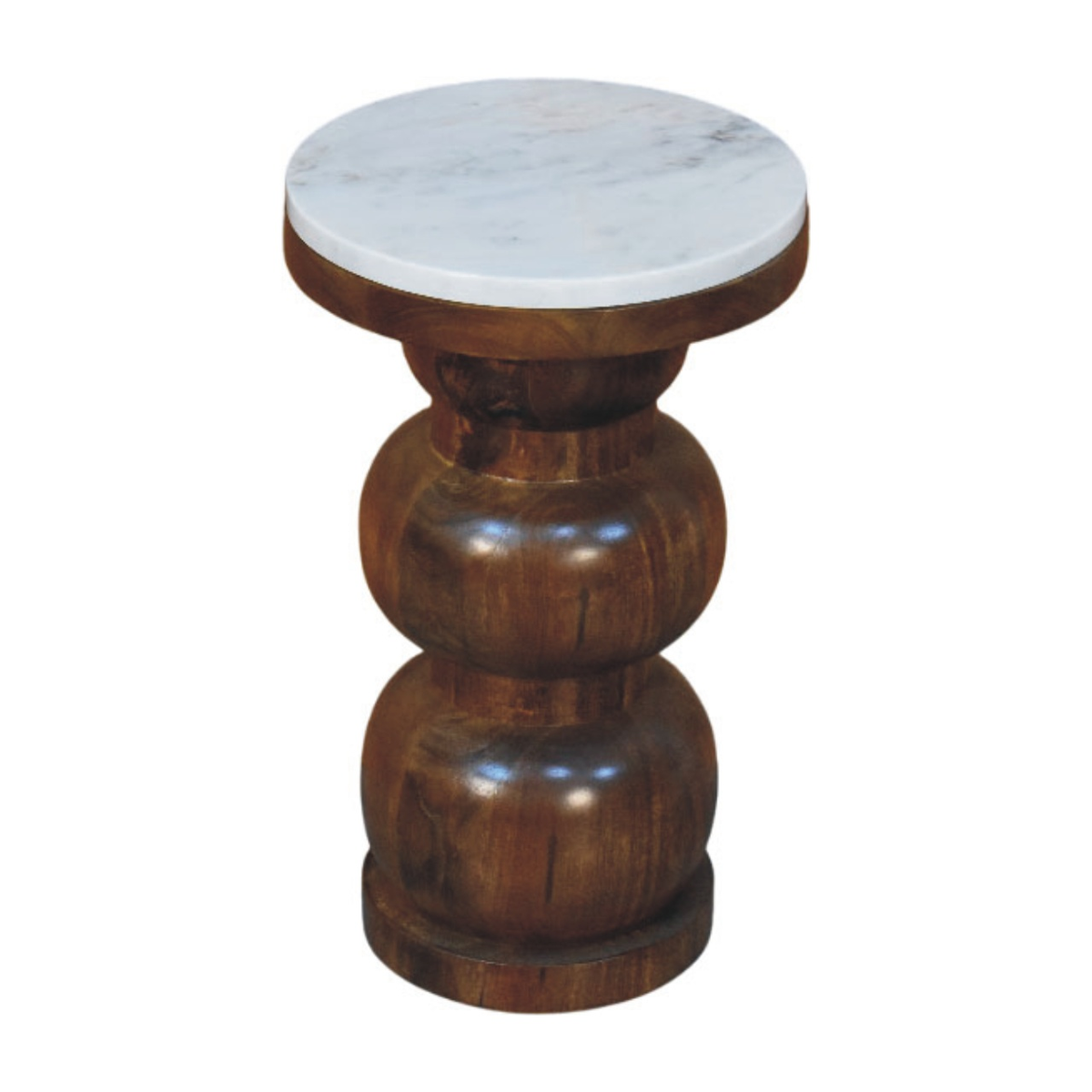 Artisan Furniture Solid Wood Marble Top Bulla Side Table with Stacked Rounded Base – Accent Table, Brown & White