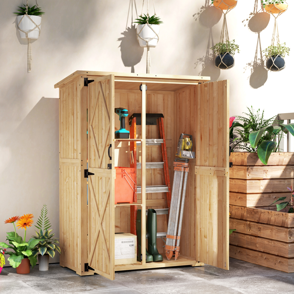Outsunny Wooden Garden Tool Storage Cabinet with Double Doors, Shelves and Asphalt Roof – Fir Wood, Natural