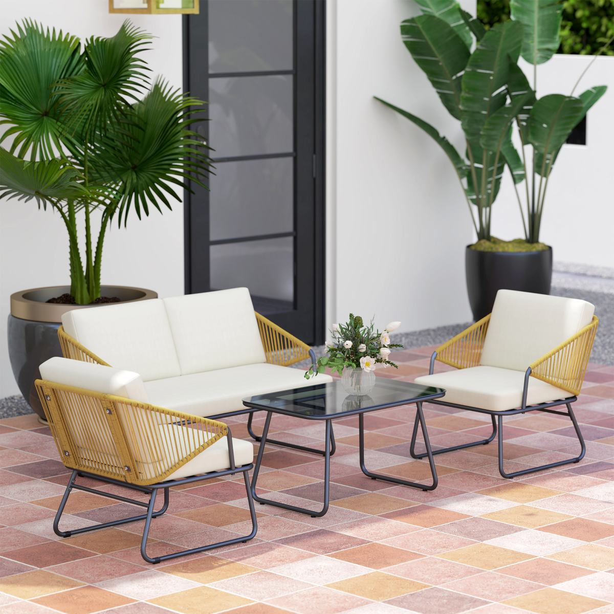 Outsunny 4-Piece PE Rattan Garden Furniture Set with Loveseat, Cushions & Glass Coffee Table, Natural