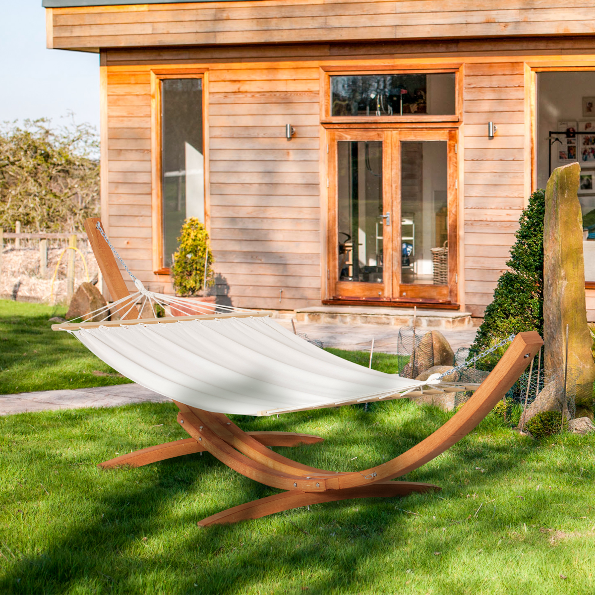 Outsunny Garden Hammock with Curved Wooden Stand – Freestanding Outdoor Relaxation, White