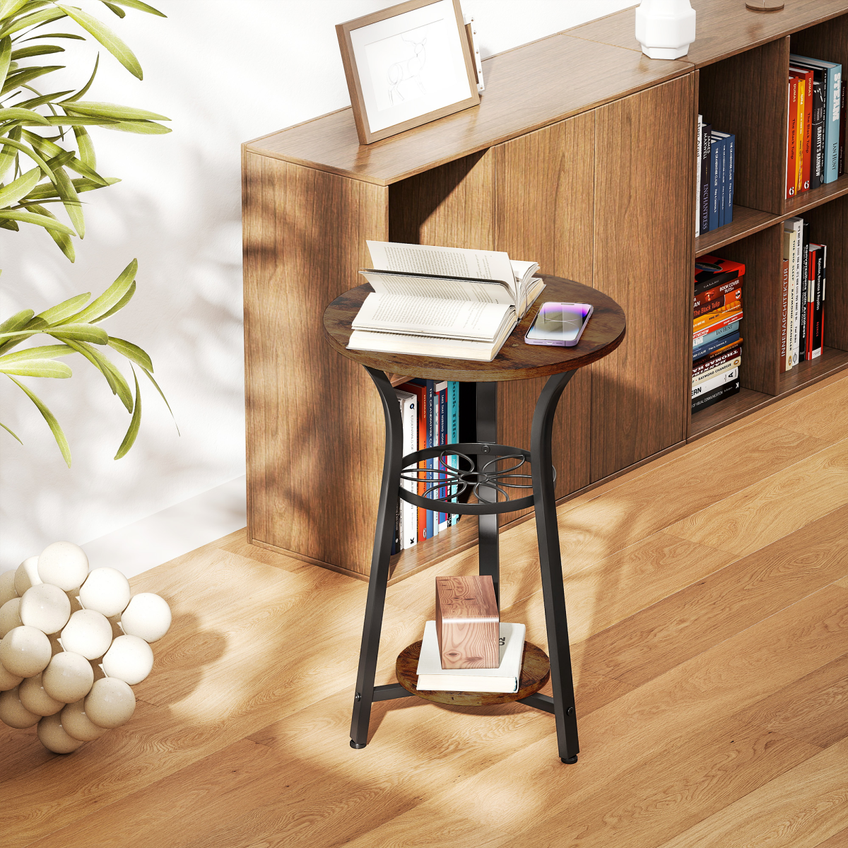 HOMCOM 3-Tier Round Side Table, 38 cm Industrial End Table with Metal Legs – Compact, Rustic Brown
