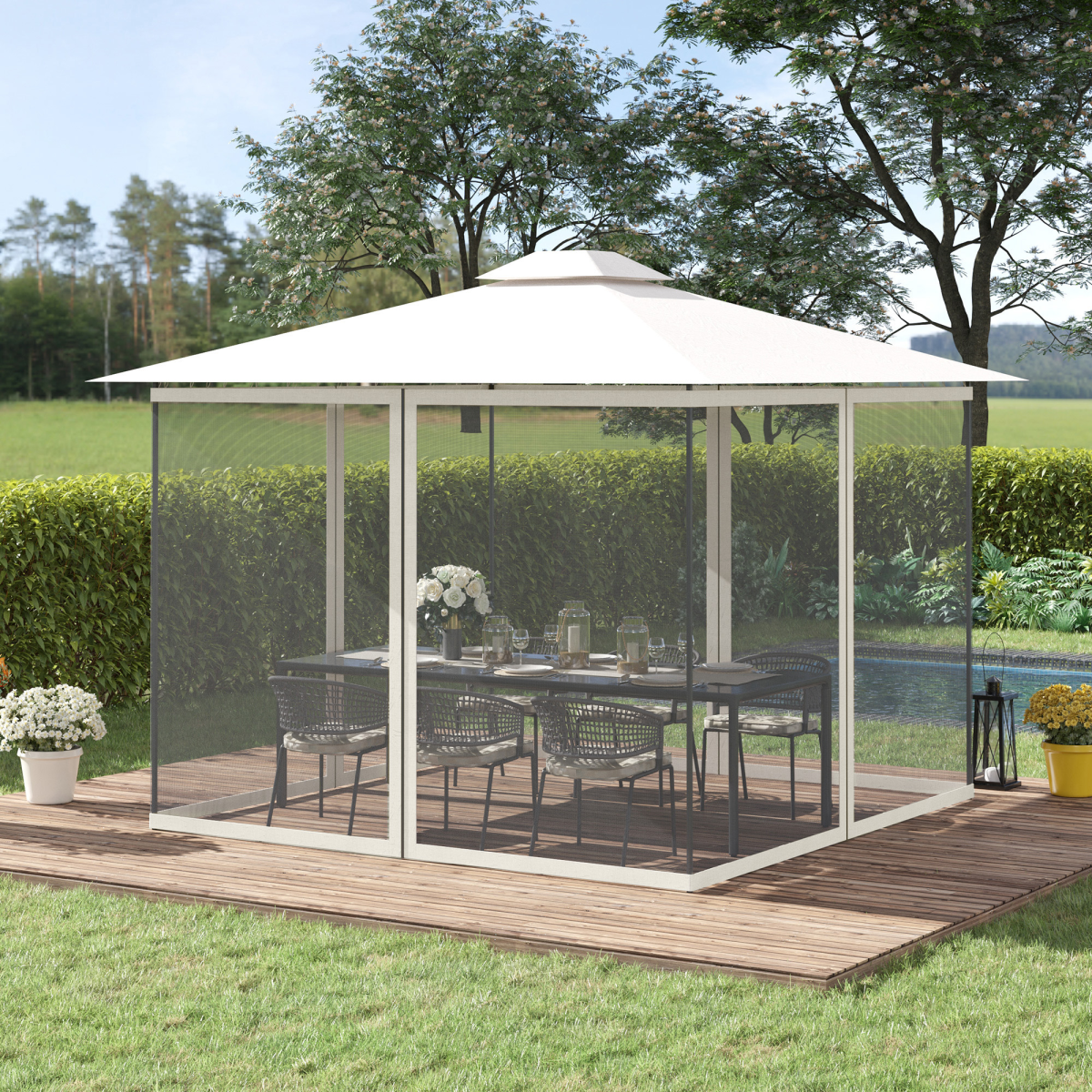 Outsunny Four-Panel Gazebo Replacement Screen with Zip Closure – Polyester & Nylon Mesh Insect Protection