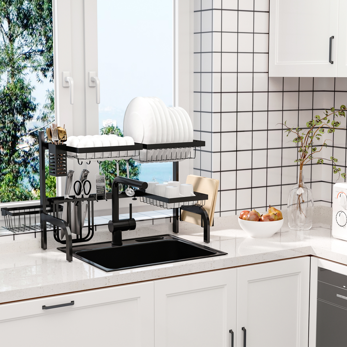 2-Tier Over the Sink Dish Drying Rack with Adjustable Width – Space-Saving Drainer with Cutlery Holders