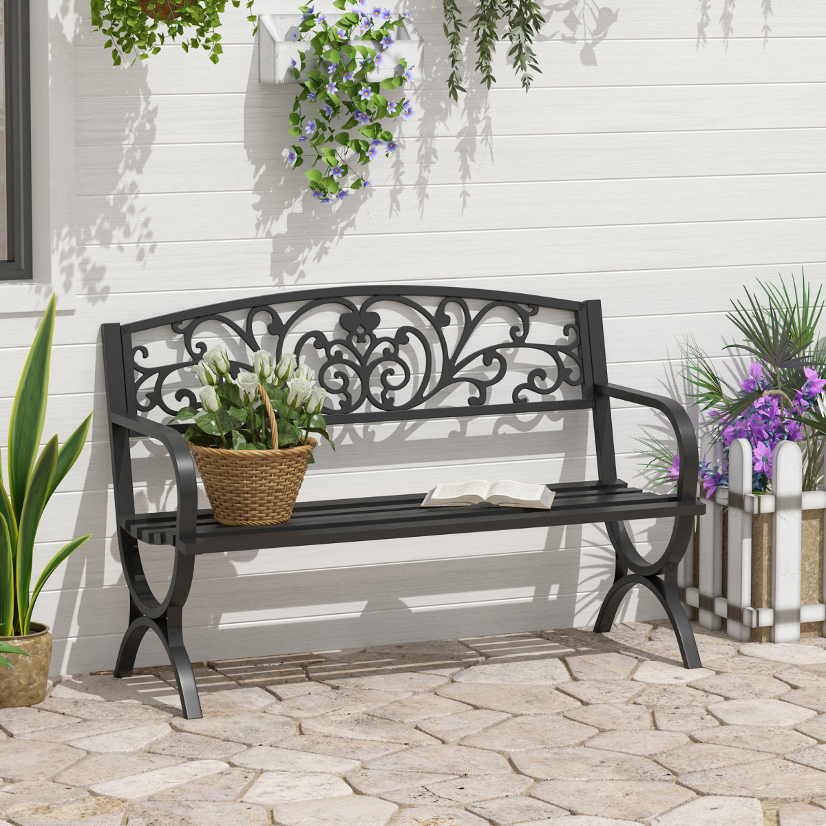 Outsunny Steel Garden Bench, 2-Seater Outdoor Seating with Decorative Backrest – Patio & Garden Furniture, Black