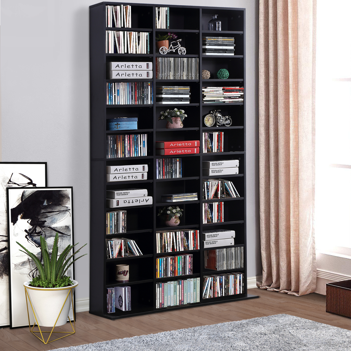 HOMCOM CD & DVD Media Storage Shelves with Contemporary Wooden Frame – Slim Display Tower, Black
